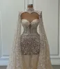 Light champagne Chart Mermaid Wedding Dress Saudi arabic beading lace wedding dresses high neck long puffy sleeves luxury Dubai Bridal Gowns