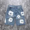 Modne hip-hop High Street American American Denim Shorts luźne zużyte zużyty białe haftowane