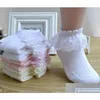 Barn strumpor kort bomull spetsar ruffle prinsessan mesh sock för spädbarn baby flickor pojkar barn vit rosa blå liten flicka släpp leverans dhnk9