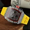 138 6-stift Luxury Richard New Men's High Quality Diamond Quartz Watch Hollow Glass Back rostfritt stål Fall titta svart gummi högkvalitativ modeklocka