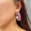 イヤリングCWWZIRCONS本物のキュービックジルコニアPAVE FUCHSIA RED CZ BIG CHUNKY ROUND RAUND TWASEDIDED HOOPEARRINGS FOR LUXURY JEWERRY CZ395