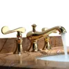 Bathroom Sink Faucets Luxury Gold Solid Brass Copper Dual Handle Washbasin Faucet European Three Holes Lavatory Waterfall Tap