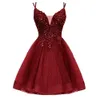 Short Homecoming Dresses Deep V-Neck Spaghetti Appliques Sequins Tulle Lace-up A-Line Cocktail Formal Occasion Cocktail Prom Party Graudation Gowns Hc13