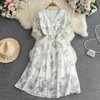 Party Dresses Summer Gentle Wind Retro Chinese Style Bubble Short Sleeve V-Neck spänne A-Line Vestidos Printed Chiffon Dress