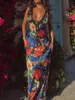 Vestidos casuais mulheres floral renda patchwork maxi vestido sem costas espaguete cinta recorte apertado longo alto split sling