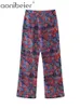 Aonibeier wydrukowane kobiety szerokie spodnie Traf Summer zamek błyskawiczny wysoka kostka długa spodni żeńskie spodnie Y2K 240321