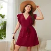 KEBY ZJ grande taille femmes robes d'été en mousseline de soie V profond Sexy rouge Mini robe courte bureau urbain élégant décontracté 240402