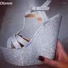 Zapatos de vestir Olomm Plataforma para mujer Sandalias con correa en T Glitter Ultra High Cuñas Tacones Punta redonda Pretty Silver Night Club Damas Tamaño 4-20