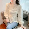 Women's Blouses Fashion 2024 Elegant Lace Crocheted Hollow Out Top Stand-up Collar White Blouse Woman Sweet Long Sleeve Shirts Blusas