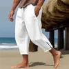 Yaz Mens Keten Kırpılmış Pantolon Büyük Boy Gevşek Ayak Çatal Kalem Pantolon Moda Sıradan Pantalonlar Plaj Pantolonları Sokak Giyim 240321