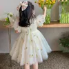 Summer Girl Flower Net Princess Dress Childrens Söt puff kortärmad klänning flicka koreanska kläder barn klänning 1-6t 240402