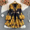 Tryckt Autumn Yellow Mini Dress Women Sexig V-ringning Single Breasted Puff Long Sleeve High midja A-Line Party Vestidos 2022