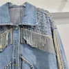 Vestes Femmes Luxe Femmes Strass Glands Denim Veste Diamants Perles Jeans À Franges Manteau Rivets Cowboy Cardigan Cristal Outwear Tops