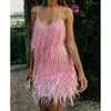 Casual 2024 Dresses Sexy V-Neck Fringed Sequined 3D Feather Ing Pink Dress Haruku Bright Silk Tassels Party Bead Bandage Vestidocasual