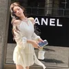 Casual Dresses French White Chiffon Mini Dress Woman Elegant Beading Off Shoulder Long Sleeve Ruffles Hollow Out Spring Female J088