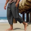 Summer Mens Linen Croped Pants Oversize Loose Feet Forked Pencil Pant Fashion Casual Pantalones Beach Trousers Streetwear 240321