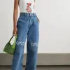 Designer Jeans Women's Jeans Arrivals High Loewe Waist Street Hollowed Out Patch Embroidered Decoration Casual Blue Straight Denim Undefined Pants 0406