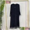 Abbigliamento etnico Kimono manica pizzo ricamo cardigan abito cerniera aperta Abaya caftano Jilbab abito donna musulmano islamico outwear Eid Dro Dhxf7