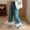 Women's Jeans SuperAen 2024 Spring Korean Style Lace Patchwork Washed Denim Wide Leg Pants Loose