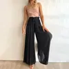 Women's Pants Summer Solid Color Wide Leg Beach Palazzo Ruffled High Waist Drawstring Baggy Trousers Pleated Casual Straight