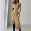 Casual Dresses Solid Color Women Dress Elegant V Neck Maxi With Side Split Hem For Slim Fit Knitted Ankle Length Sheath