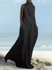 Vestidos casuais mulheres moda linho elegante liso profundo decote em v sem mangas flowy maxi vestido longo streetwear