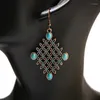 Kolczyki Dangle Vintage Retro Rhombus Grid Hollow Geometry Women Boho Bohemian Tibetan Jewelry