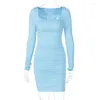 Casual Dresses McLaosi Autumn Winter Luxury Sexig Slim Fit Mini Kjol Långärmning PLESATED SOLID KLÄNNING BODYCON Party Wedding