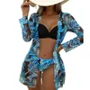 Women's Swimwear Women Three-piece Swimsuit Floral Print Bikini Set With Sling Bra High Waist Long Sleeve Cover-up For