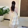 Party Dresses 2024 Summer Elegant Beading Lace Cake Long Dress Women O Neck Flare Sleeve Mesh Patchwork Ruffles Slim A-Line Vestidos