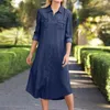 Casual Dresses Womens Denim Shirt Fashion Summer Sexy V Neck 3/4 Sleeve Button Pocket Loose Long Maxi Dress Spring Vintage Solid