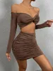 Casual jurken sexy off-shoulder jurk met lange mouwen laag uitgesneden v-hals bodycon geplooide ruches backless tweedelige set dames feest elegant