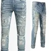 Jeans pour hommes Streetwear Mode Distressed Silm Fit Bleu clair Trous endommagés Dye Patchwork Ripped Stretch Graffiti Pantalon 6530