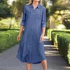 Casual Dresses Womens Denim Shirt Fashion Summer Sexy V Neck 3/4 Sleeve Button Pocket Loose Long Maxi Dress Spring Vintage Solid