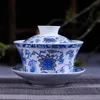 Jingdezhen Ceramic Antique Blue and White Kung Fu Tea Set Three Big Talent Cover Bowl White Porcelain Factory Direct Tea Cup Set