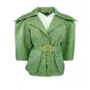 Women's Suits Yuerwang Women Blazer Short Sleeve Ruffel Golden Belt 2024 Spring Summer Coat Dropship Fashion Vintage