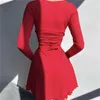 Casual Dresses Womens Neck Ruffle Långärmning Kort klänning Back Abrapp A Line Mini