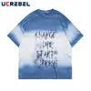 Erkek Tişörtleri Baskı Mektubu Kısa Kollu T-Shirt Gradyan Boyalı Erkek Yaz High Street Yarım Kollu Mürettebat Boyun Gevşek Pamuk Tee Erkek