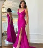 Party Dresses Itsmilla Magenta Fitted V-neck Evening Dress Red Carpet With Sparking Beads Corset Lace Up Tie Back Side Slit Prom