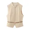 Women's Vests Bazaleas Store Zipper Sleeveless Coat Basic Belt Decoration Vest O Neck Outwears