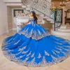 2024 Bleu Chérie Quinceanera Robes Robe De Bal Puffy Perles Or Appliques Dentelle 15 Ans Pour Les Filles Robe De Fête D'anniversaire Robe De