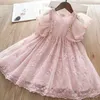 Fille élégante été dentelle manches à volants robe de couleur unie fille robe pour enfants 2024 enfants princesse fête d'anniversaire vêtements 3-8 ans 240402