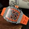 138 6-stift Luxury Richard New Men's High Quality Diamond Quartz Watch Hollow Glass Back rostfritt stål Fall titta svart gummi högkvalitativ modeklocka