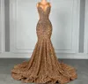 2024 Sparkly Brown Diamond Long Prom Dress for Black Girl Luxury Beads Rhinestone Gold Sequin Mermaid Women Evening Birthday Party Gowns Robe De Soiree