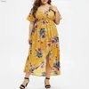 Urban Sexy Dresses Plus Size Floral Midi Dress for Women Tie-Belt Plus-Size Ruffle Short Slve Slit Midi Dress Flower Beachwear for Women Clothing Y240402