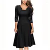 Grundläggande avslappnade klänningar Retro Solid A-Line Party Dress Women Spring Autumn Square Collar Half Sleeve Hollow Out Elegant Office Lady Vesti Dhych