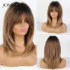 Wigs JONRENAU Middle Long Straight Hair with Bangs Ombre Brown to Blonde Wig Dark Roots Synthetic Wigs for Women Heat Resistance Hair