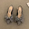 Robe chaussures été femmes pompes mode peu profond bowknot slingbacks noir et blanc plaid pois talons sandales basses sandales