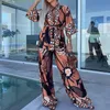 Casual Mönster Print Loose Two Piece Suit Vocation Style 3 Sleeve Laceup Cardigan Tops Long Pants Set Women Beach Outfit 240321