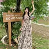 Verão doce elegante vestido halter slash neck floral cintura alta pregas longo retalhos estilo de férias boho 240325